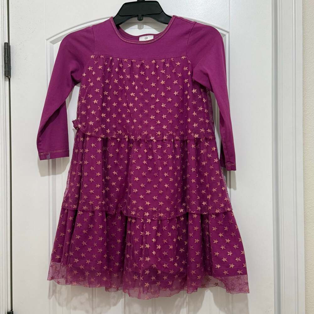 Hanna Andersson Purple Gold Star Tulle Long Sleeve Dress Kids Girls 120 (6-7)